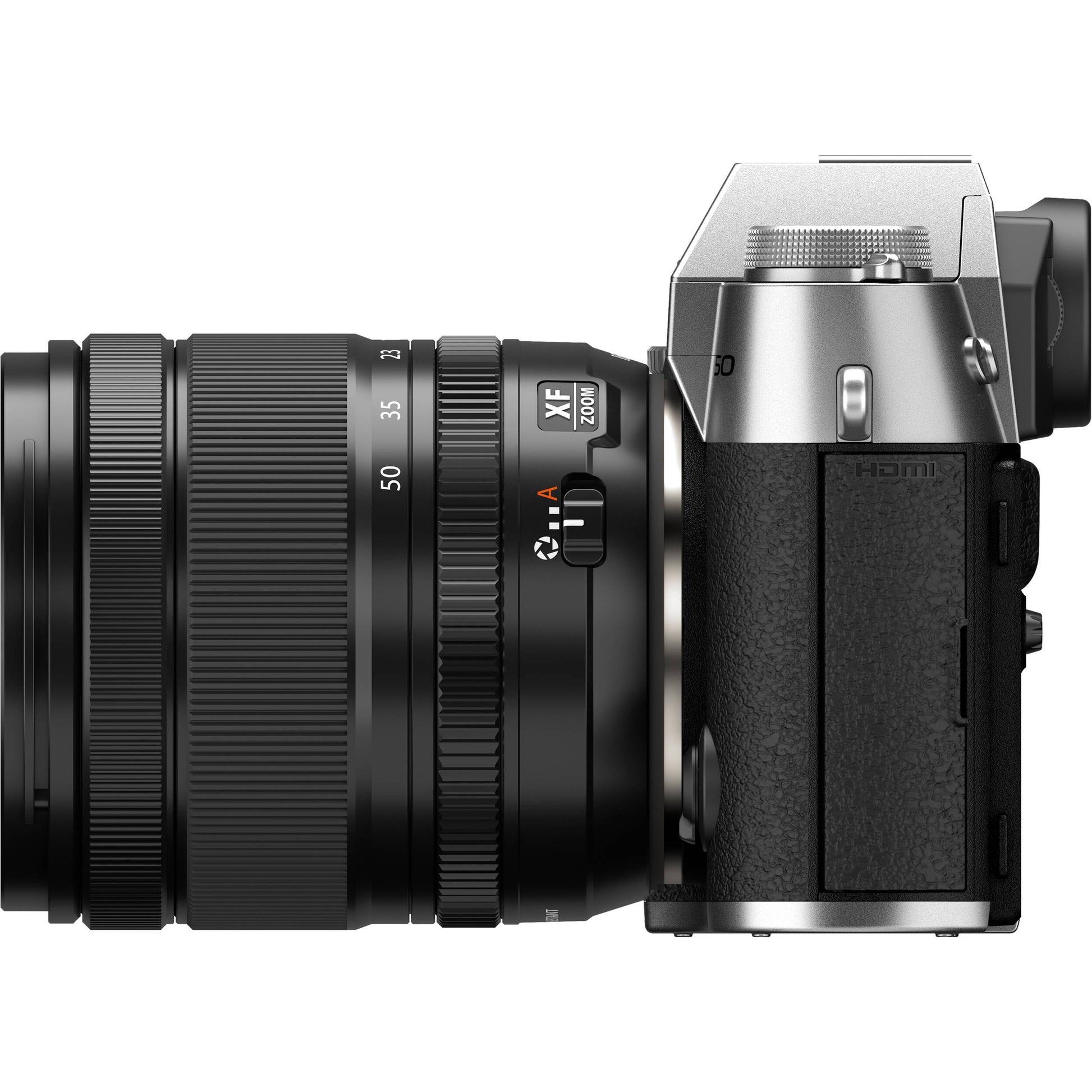 Fujifilm X-T50 silver mirrorless camera with 40.2MP APS-C X-Trans CMOS 5 HR sensor, 16-50mm lens, 7-stop in-body image stabilization, 6.2K video recording, AI autofocus, and 3-inch tilting touchscreen.