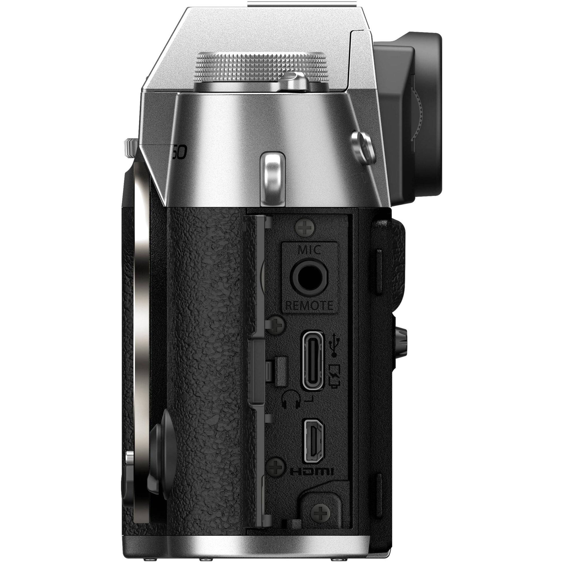 Fujifilm X-T50 silver mirrorless camera with 40.2MP APS-C X-Trans CMOS 5 HR sensor, 16-50mm lens, 7-stop in-body image stabilization, 6.2K video recording, AI autofocus, and 3-inch tilting touchscreen.