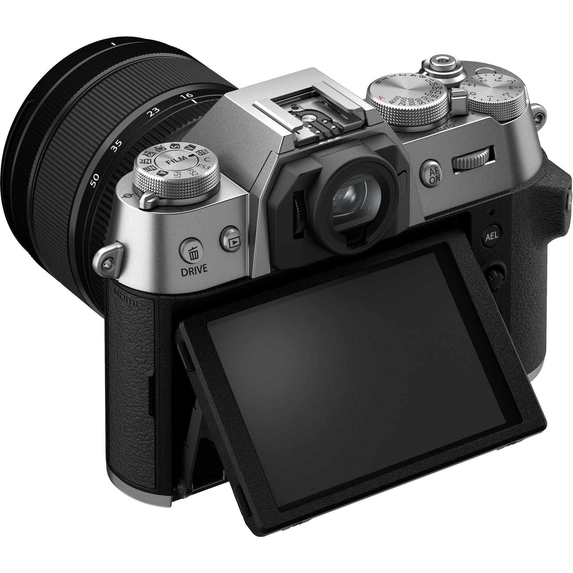 Fujifilm X-T50 silver mirrorless camera with 40.2MP APS-C X-Trans CMOS 5 HR sensor, 16-50mm lens, 7-stop in-body image stabilization, 6.2K video recording, AI autofocus, and 3-inch tilting touchscreen.