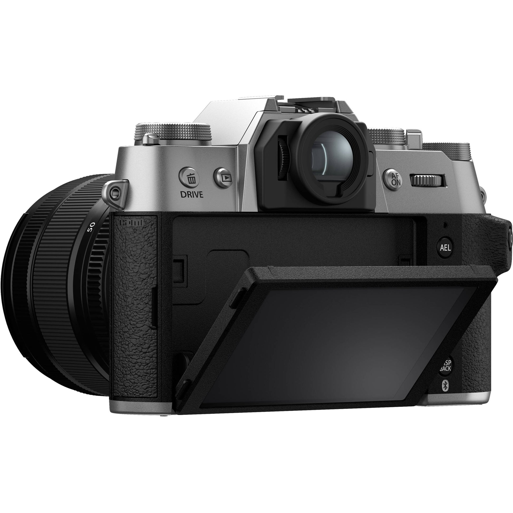 Fujifilm X-T50 silver mirrorless camera with 40.2MP APS-C X-Trans CMOS 5 HR sensor, 16-50mm lens, 7-stop in-body image stabilization, 6.2K video recording, AI autofocus, and 3-inch tilting touchscreen.