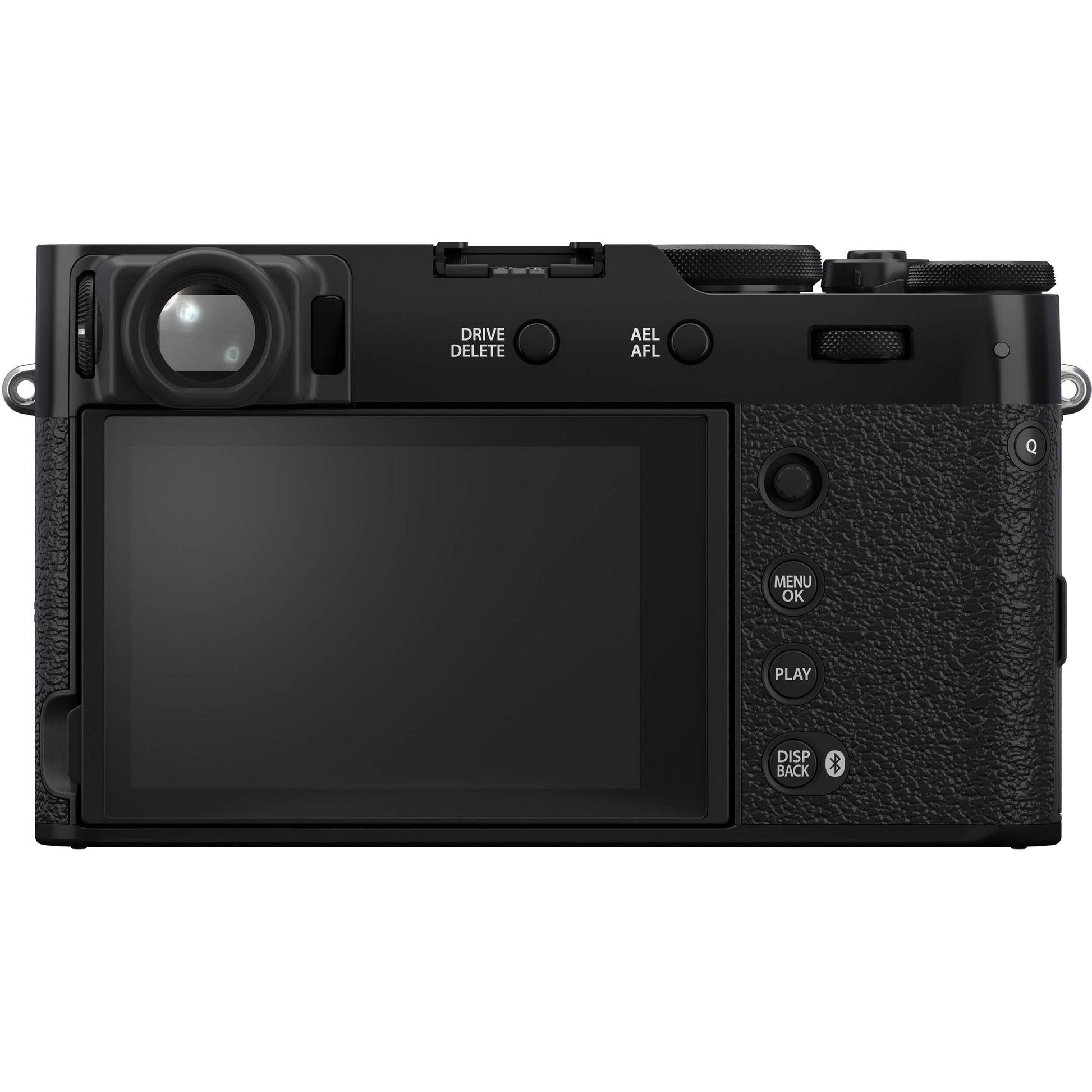 Fujifilm X100VI black compact digital camera featuring 40.2MP APS-C X-Trans CMOS 5 HR sensor, 23mm f/2 fixed lens, 5-axis in-body image stabilization, hybrid optical/electronic viewfinder, and 3-inch tilting touchscreen.
