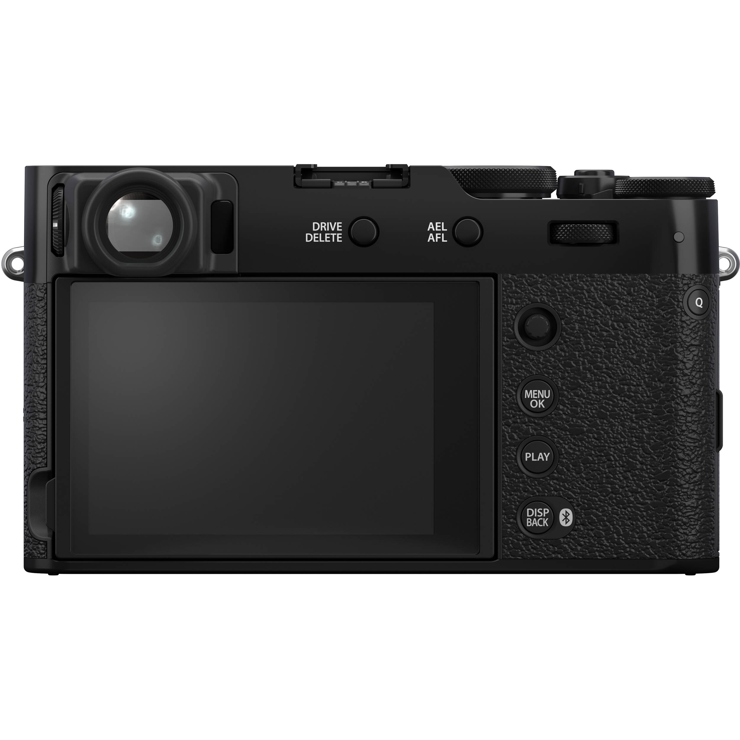 Fujifilm X100VI black compact digital camera featuring 40.2MP APS-C X-Trans CMOS 5 HR sensor, 23mm f/2 fixed lens, 5-axis in-body image stabilization, hybrid optical/electronic viewfinder, and 3-inch tilting touchscreen.