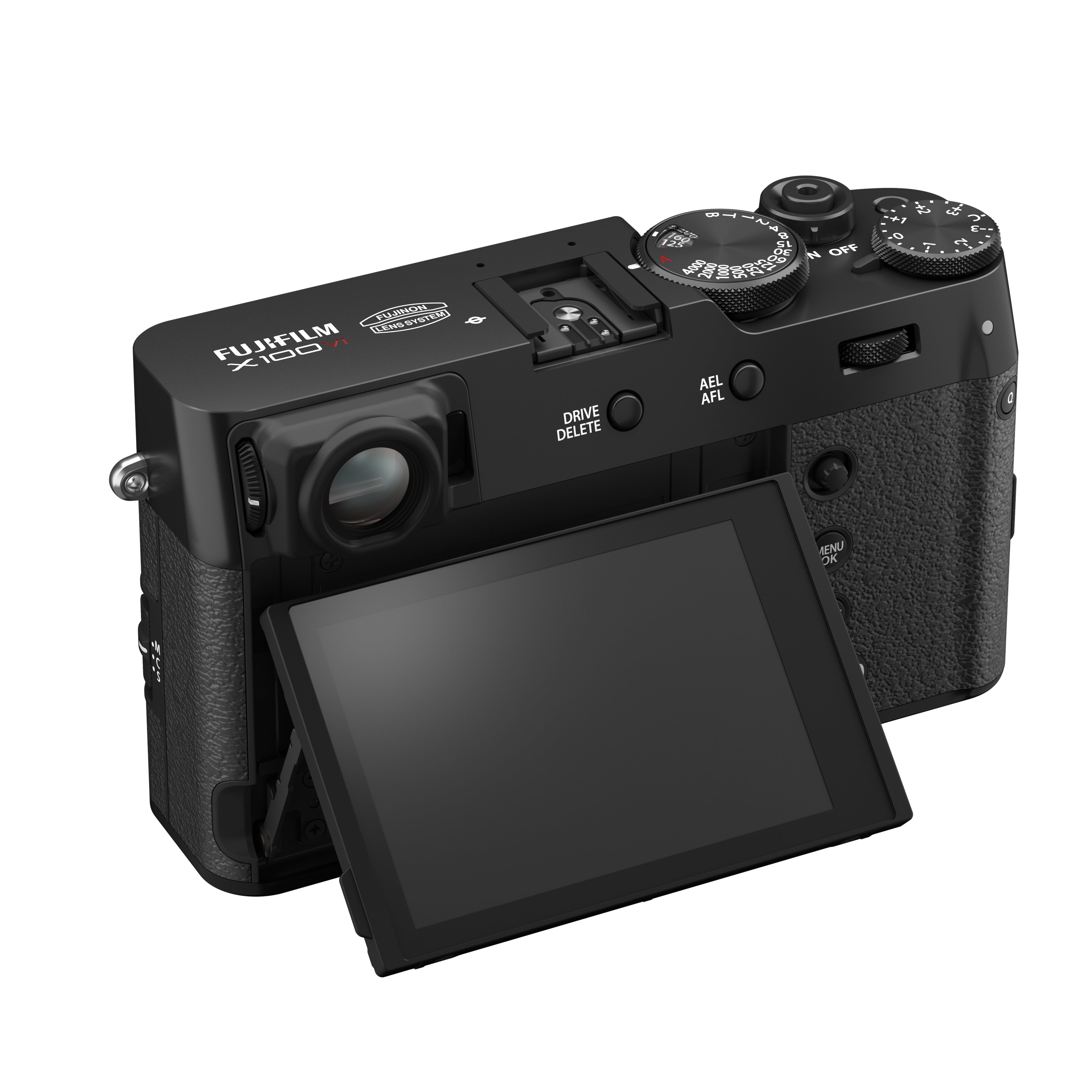 Fujifilm X100VI black compact digital camera featuring 40.2MP APS-C X-Trans CMOS 5 HR sensor, 23mm f/2 fixed lens, 5-axis in-body image stabilization, hybrid optical/electronic viewfinder, and 3-inch tilting touchscreen.