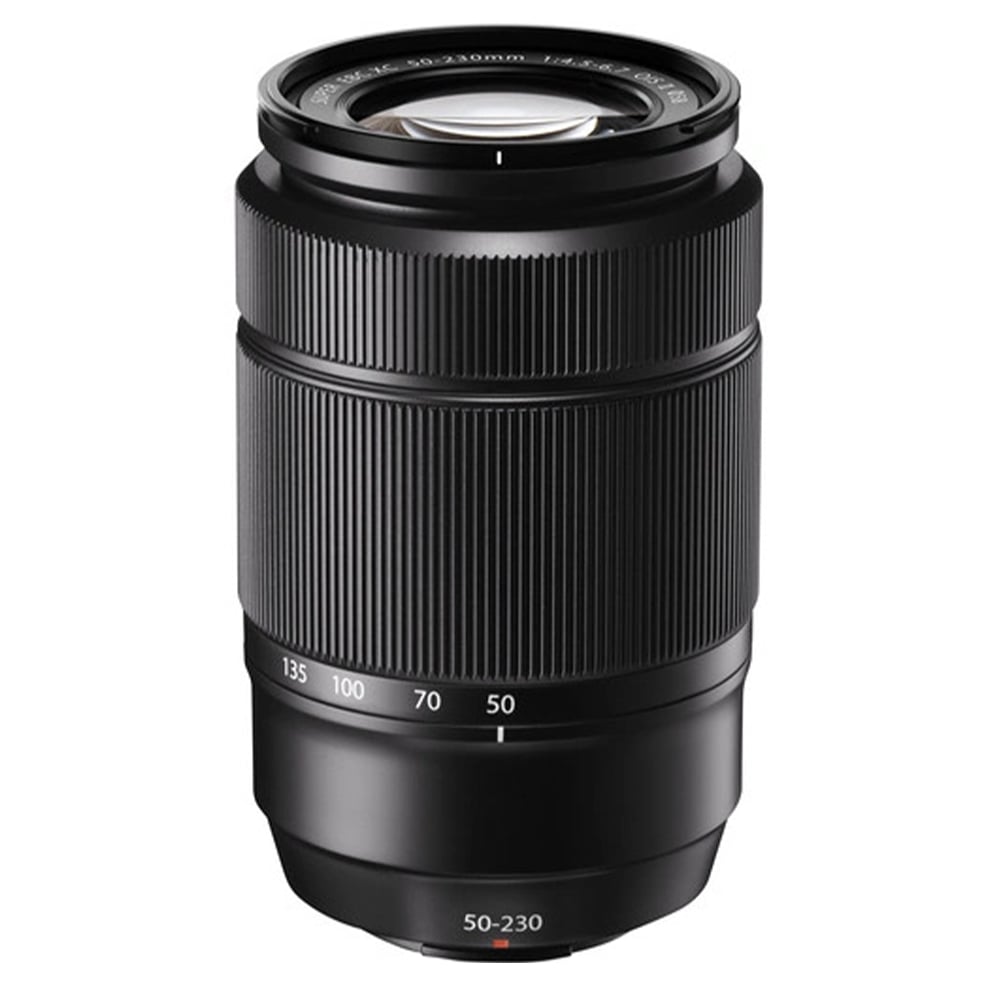 Black camera lens on a white background