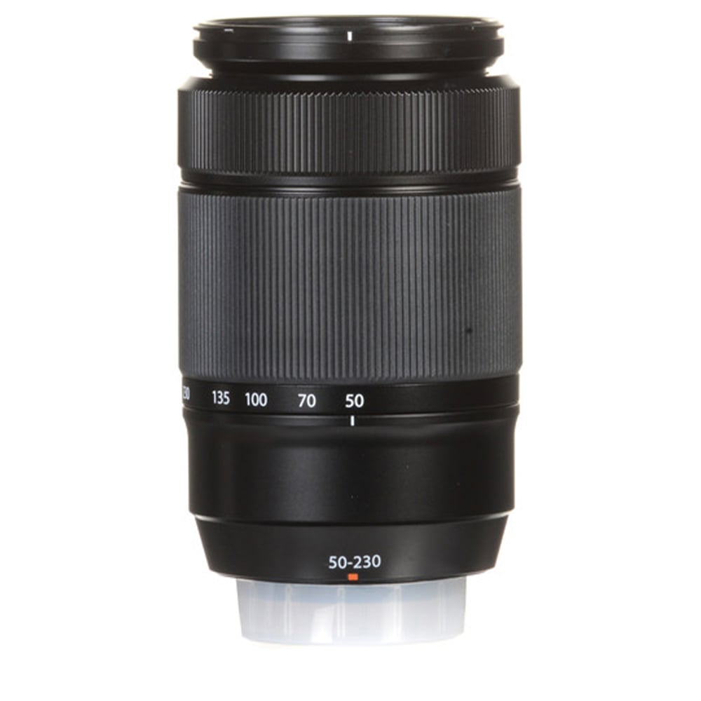 Camera lens with focus scale and brand name on a white background