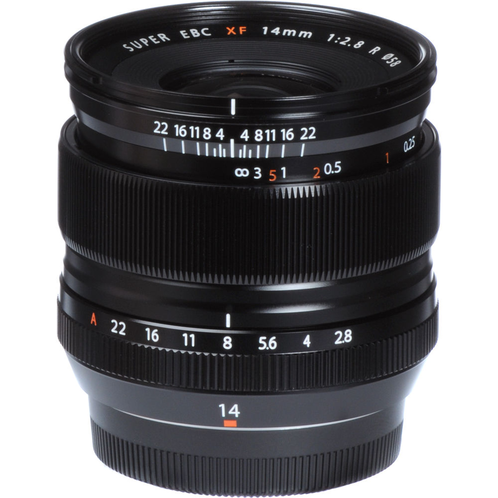 Camera lens with focus and aperture scale on a white background