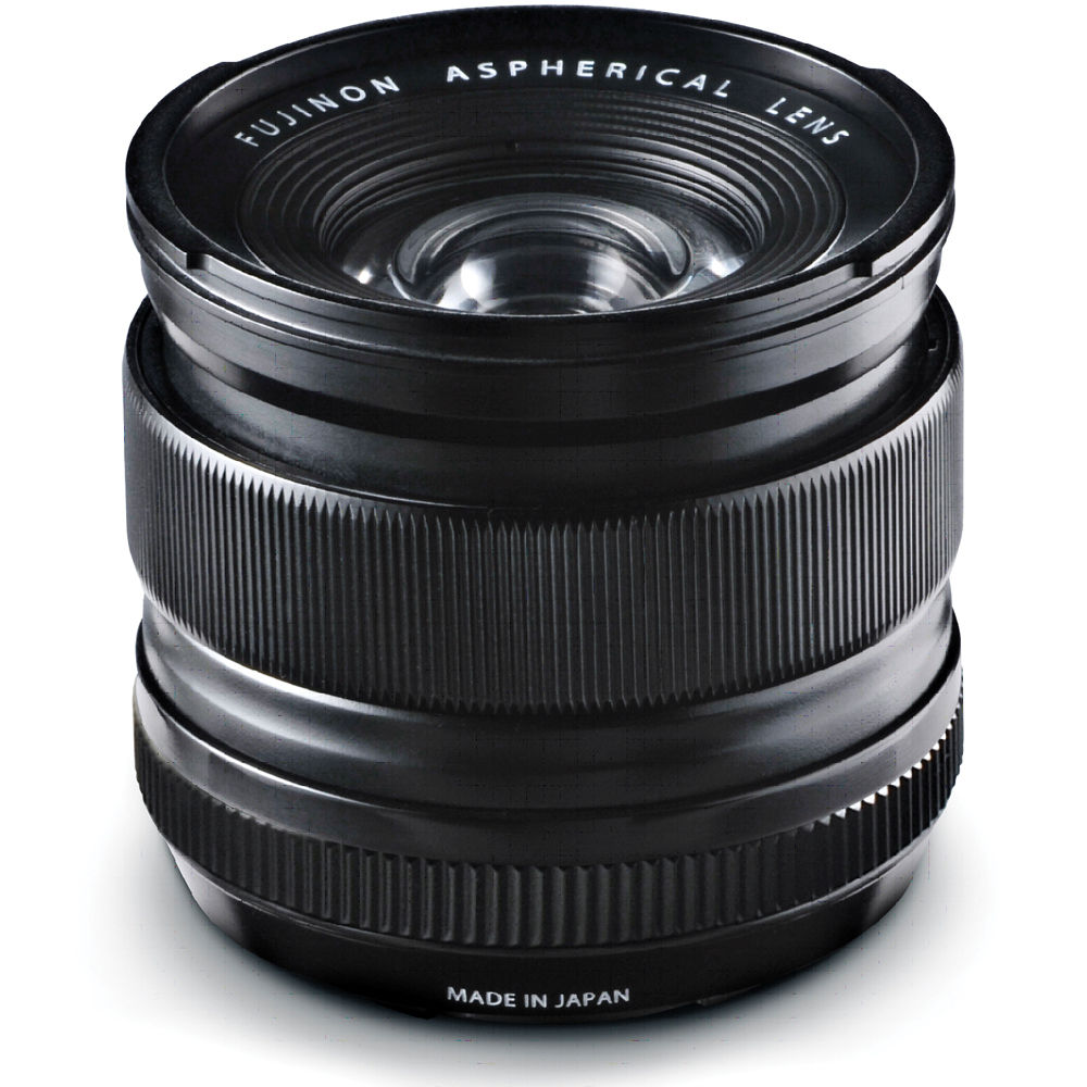 Black Fujinon aspherical lens on a white background