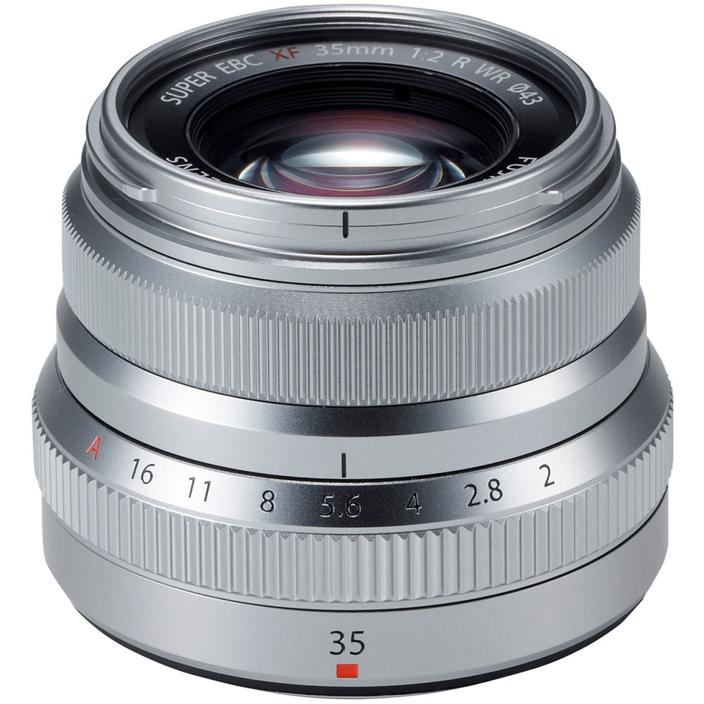 Silver camera lens with focus and aperture controls on a white background