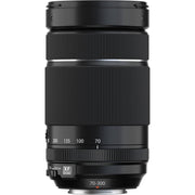 Camera lens with focus scale and brand logo on a white background