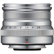 Fujifilm XF 16mm f/2.8 R WR lens. Compact APS-C wide-angle prime with f/2.8, sharp optics, weather-resistant build, and travel-friendly design.