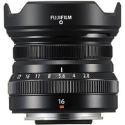 Fujifilm XF 16mm f/2.8 R WR lens. Compact APS-C wide-angle prime with f/2.8, sharp optics, weather-resistant build, and travel-friendly design.