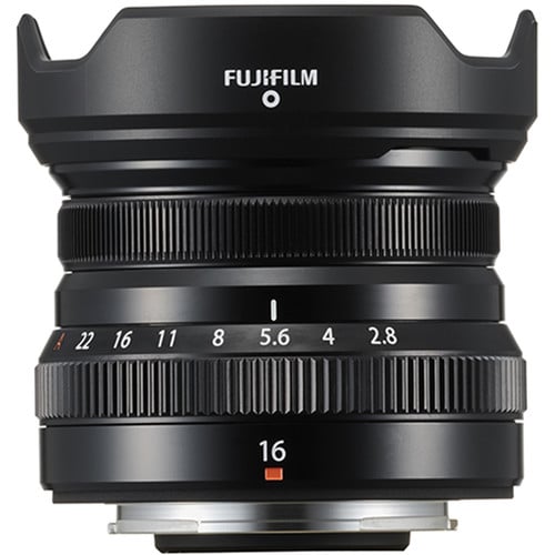 Fujifilm XF 16mm f/2.8 R WR lens. Compact APS-C wide-angle prime with f/2.8, sharp optics, weather-resistant build, and travel-friendly design.