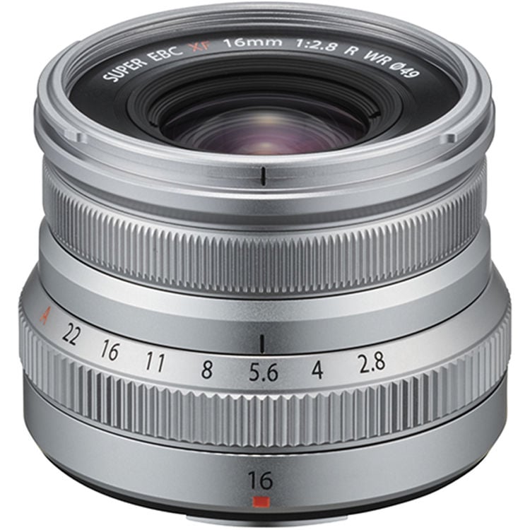 Fujifilm XF 16mm f/2.8 R WR lens. Compact APS-C wide-angle prime with f/2.8, sharp optics, weather-resistant build, and travel-friendly design.