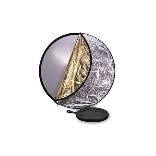 Round photography reflector with black, gold, and white sections on a white background