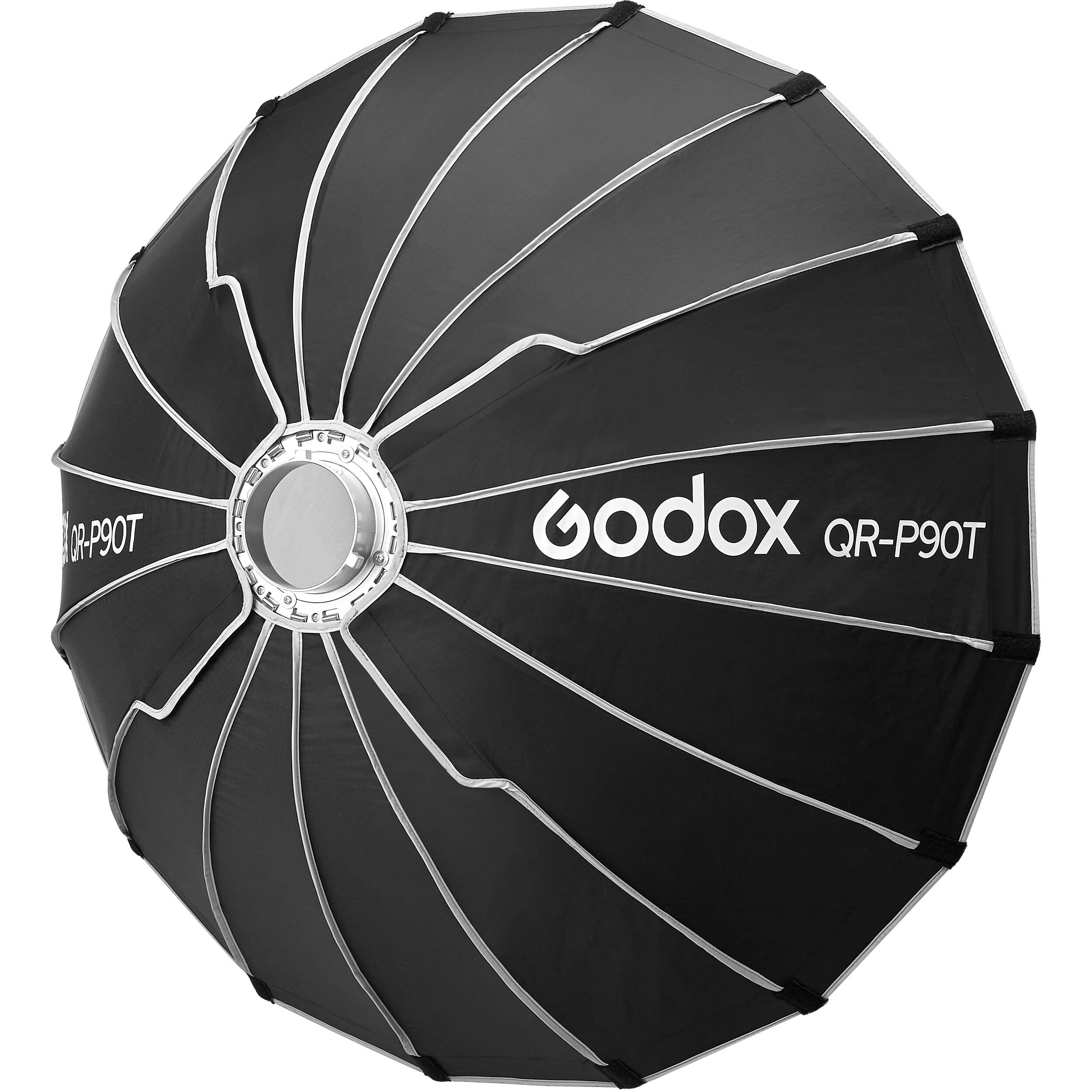 Black Godox photography umbrella with white text on a white background