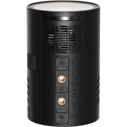Black cylindrical device with control buttons on a white background