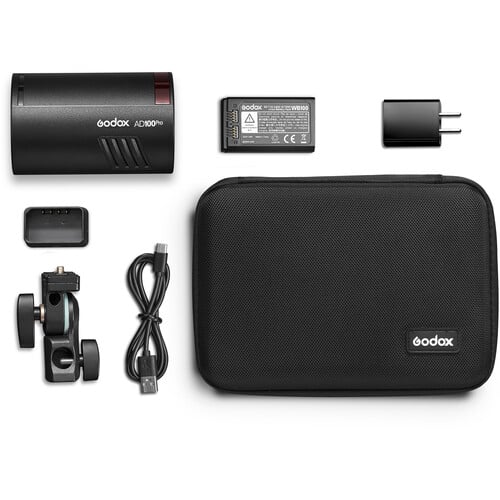 Collection of Godox photography equipment including flash, battery, charger, and carrying case on a white background.