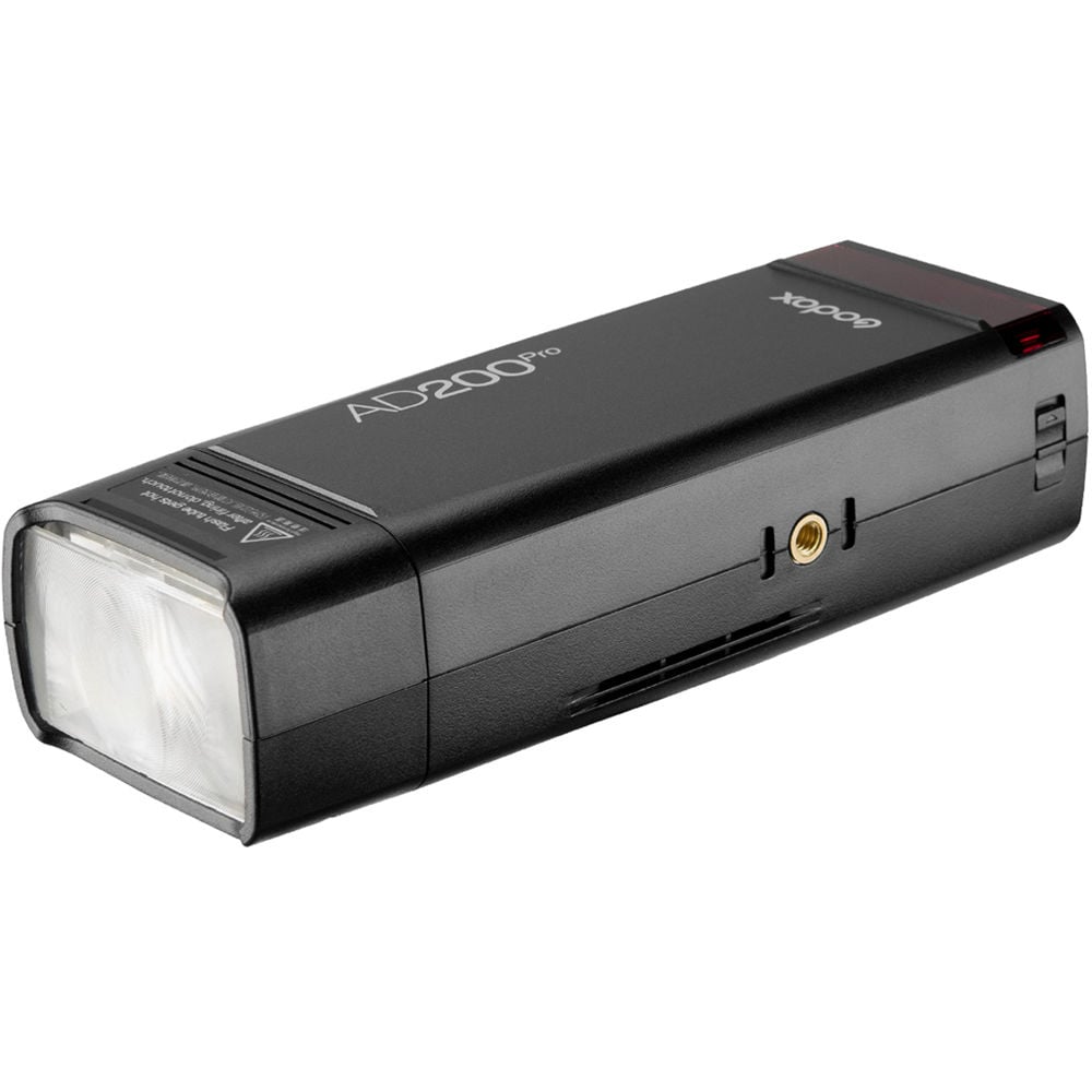 Black camera flash with 'AD200 Pro' branding on a white background