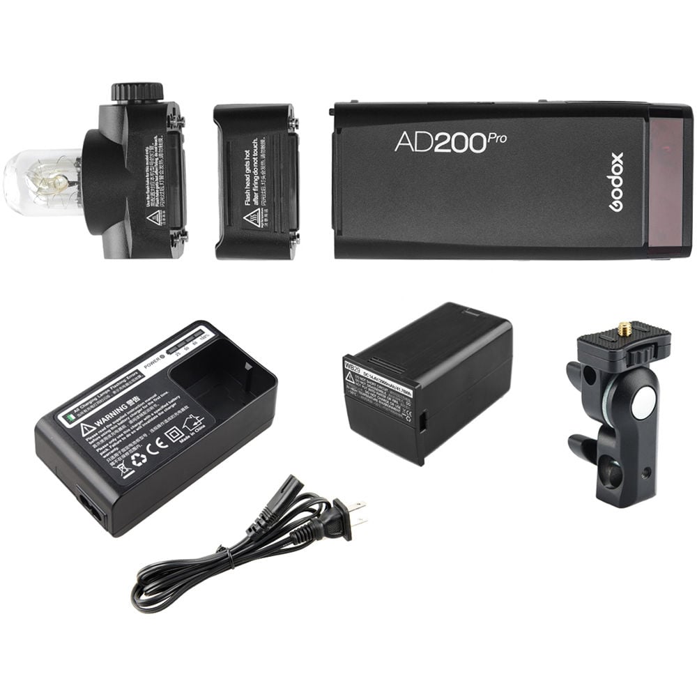 Godox AD200Pro flash unit with accessories on a white background
