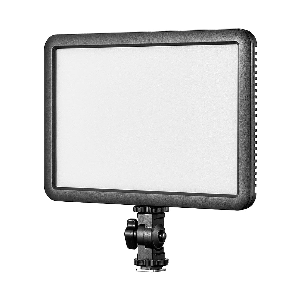 Godox LDP18BI Bi-Colour LED Video Light Panel mounted on camera, showing adjustable colour temperature and compact, portable design.
