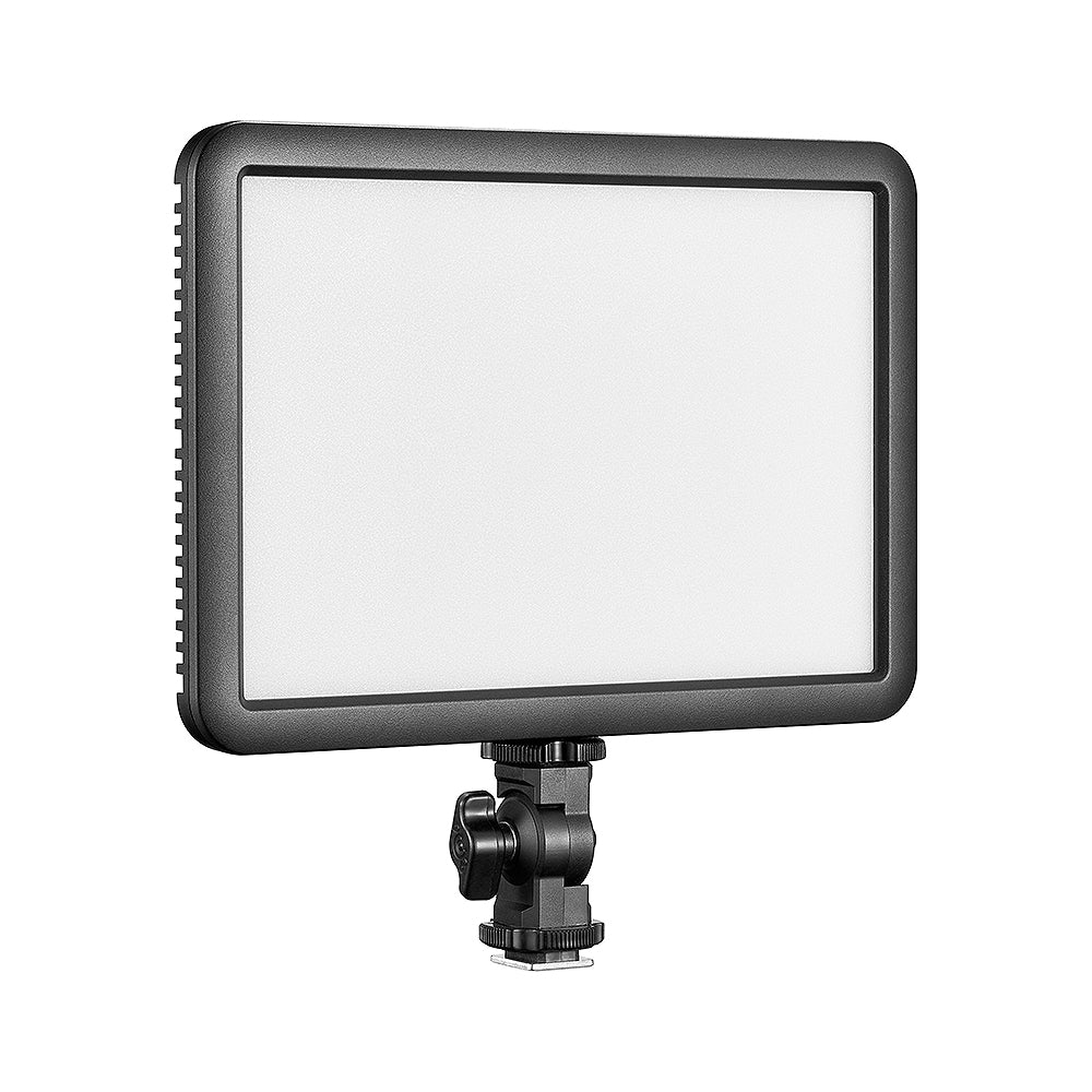 Godox LDP18BI Bi-Colour LED Video Light Panel mounted on camera, showing adjustable colour temperature and compact, portable design.