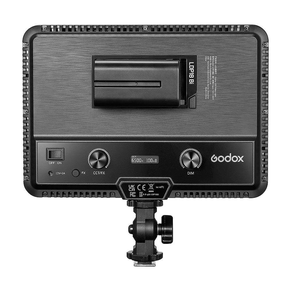 Godox LDP18BI Bi-Colour LED Video Light Panel mounted on camera, showing adjustable colour temperature and compact, portable design.