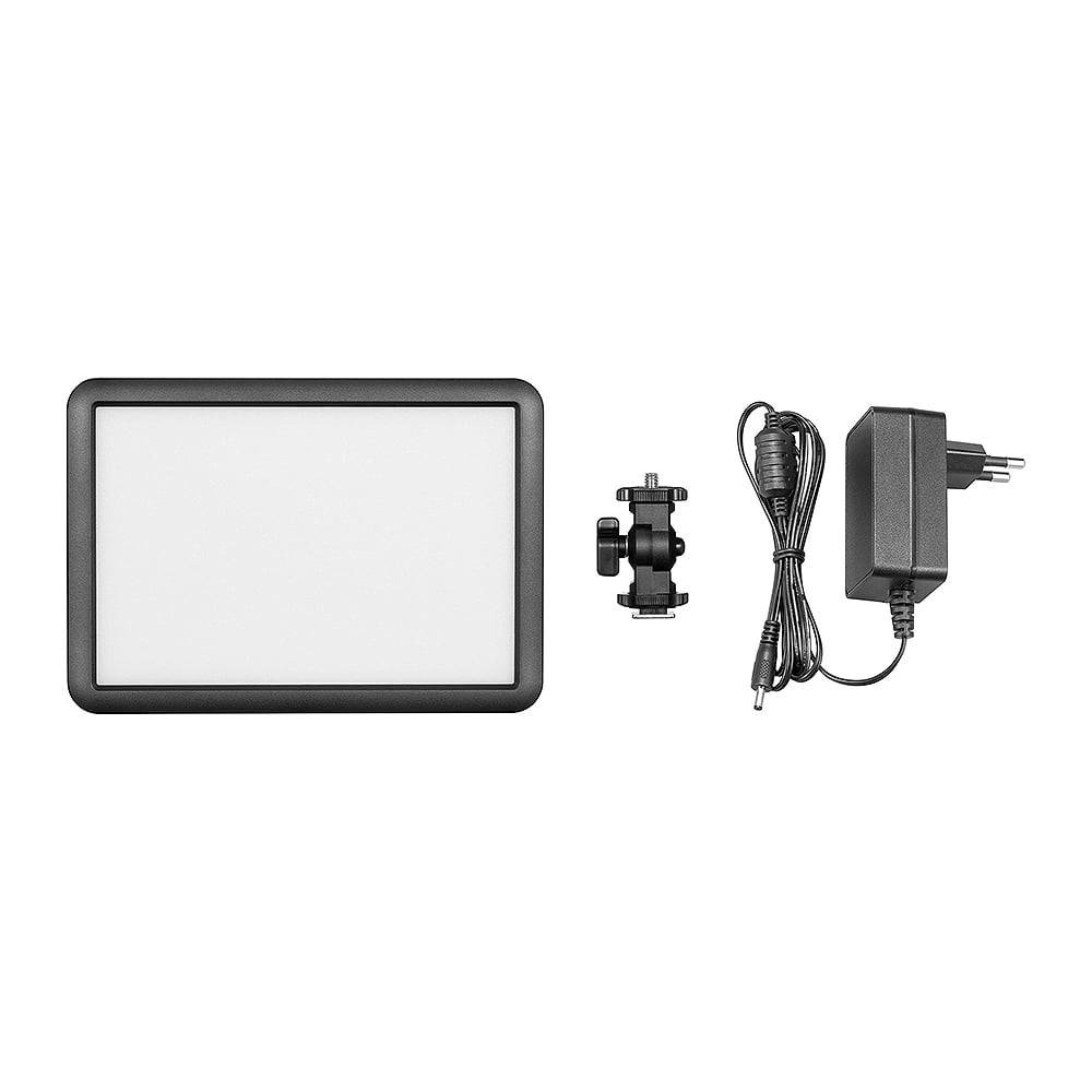 Godox LDP18BI Bi-Colour LED Video Light Panel mounted on camera, showing adjustable colour temperature and compact, portable design.