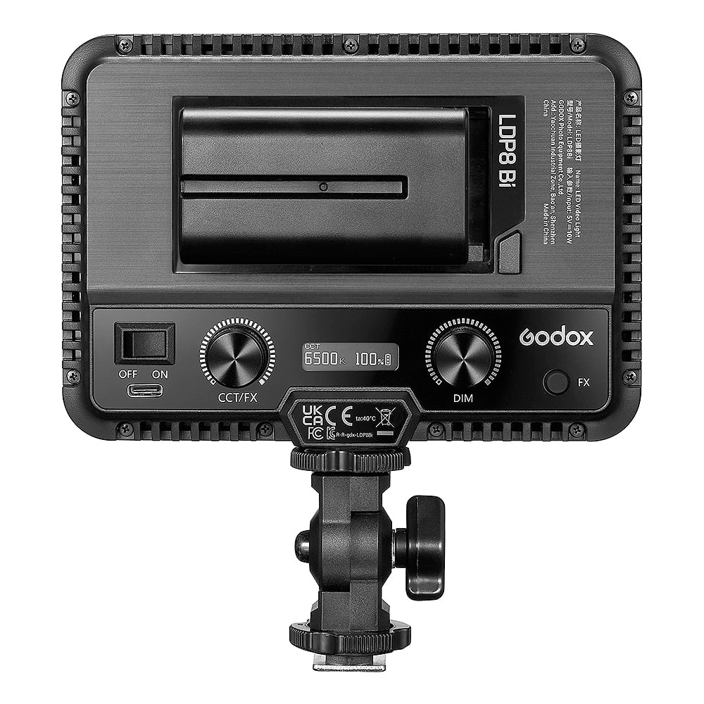 Godox LDP8Bi bi-color LED video light panel—compact rectangular panel with cold-shoe mount.