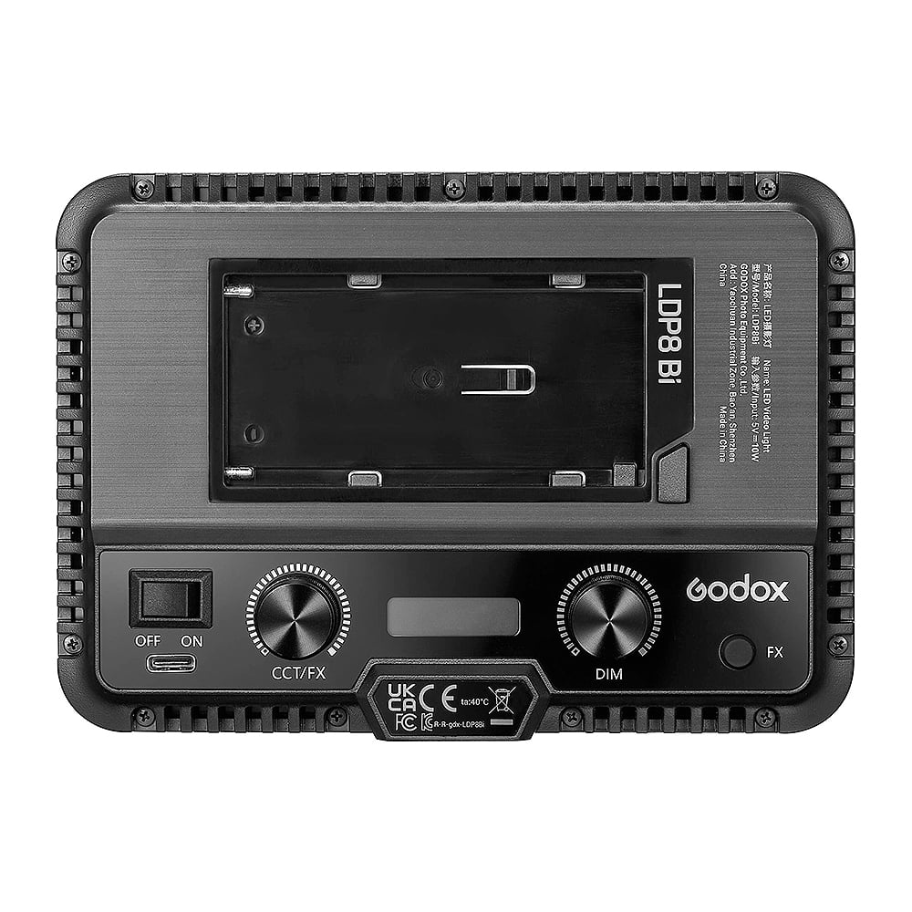 Godox LDP8Bi bi-color LED video light panel—compact rectangular panel with cold-shoe mount.