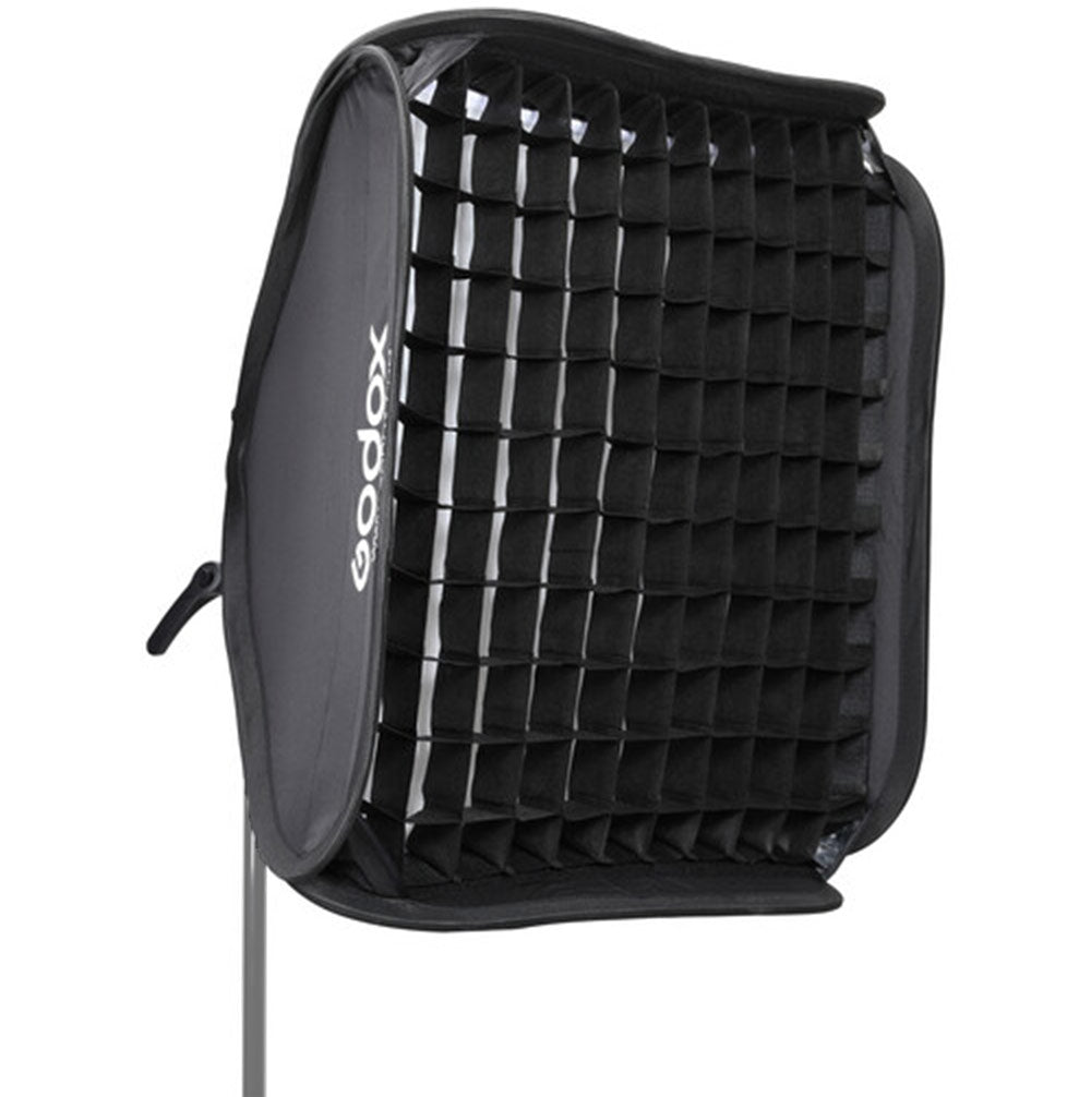 Godox S2 Speedlite bracket with 60 × 60 cm softbox (Bowens mount), collapsible square softbox with speedlight ring and grid, soft diffusion kit.