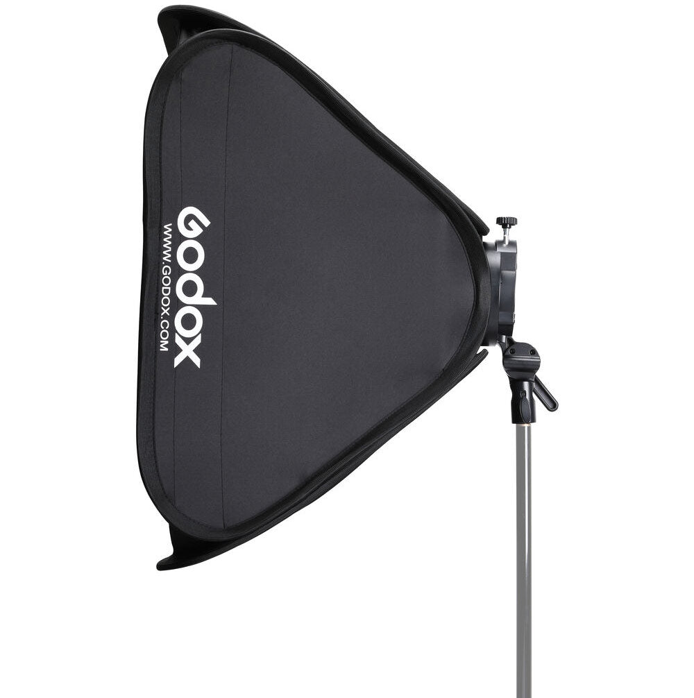Godox S2 Speedlite bracket with 60 × 60 cm softbox (Bowens mount), collapsible square softbox with speedlight ring and grid, soft diffusion kit.
