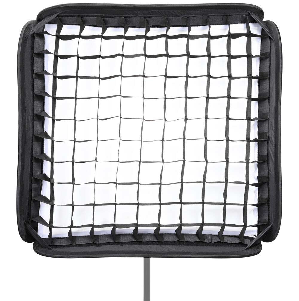 Godox S2 Speedlite bracket with 60 × 60 cm softbox (Bowens mount), collapsible square softbox with speedlight ring and grid, soft diffusion kit.