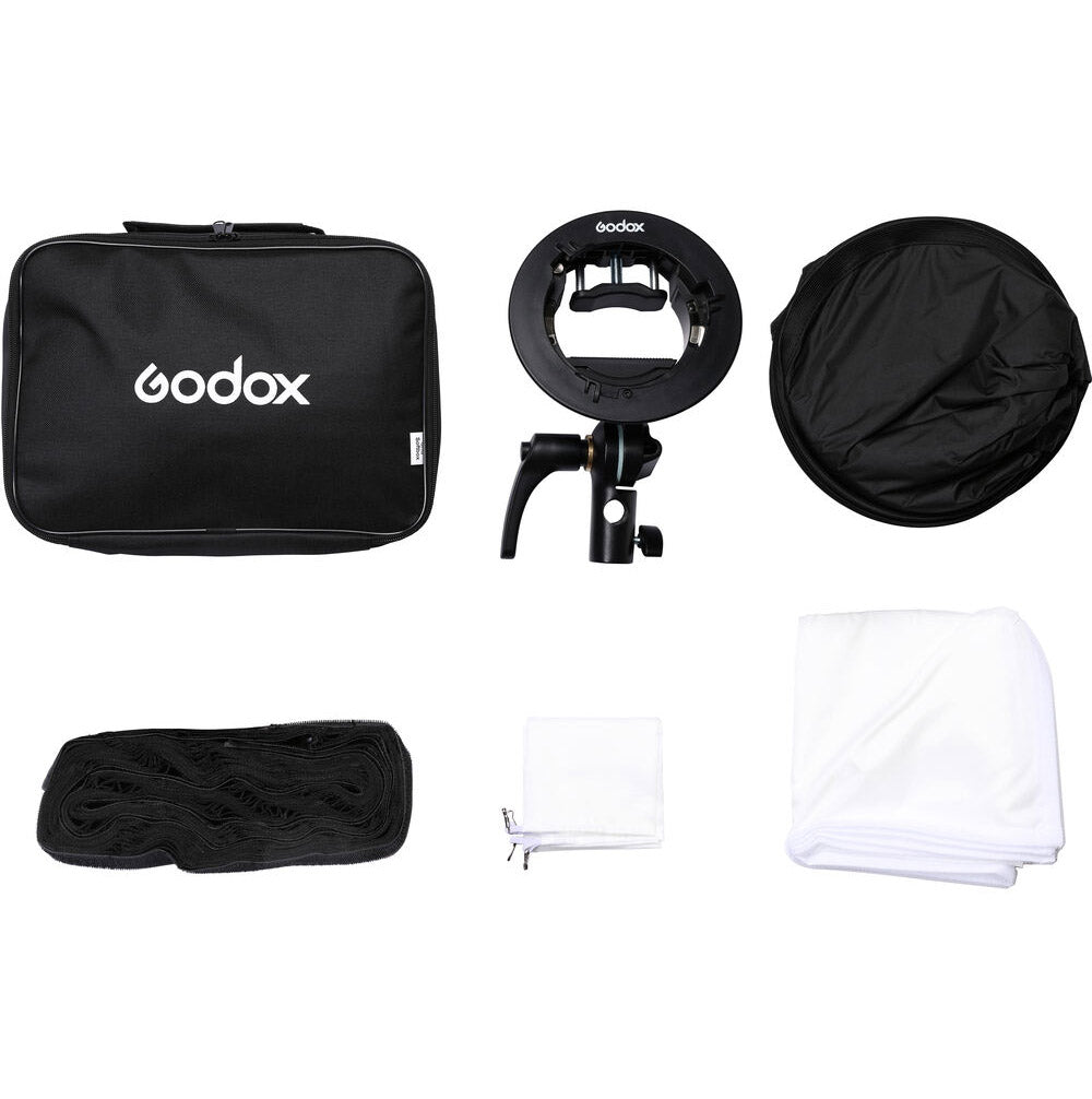 Godox S2 Speedlite bracket with 60 × 60 cm softbox (Bowens mount), collapsible square softbox with speedlight ring and grid, soft diffusion kit.