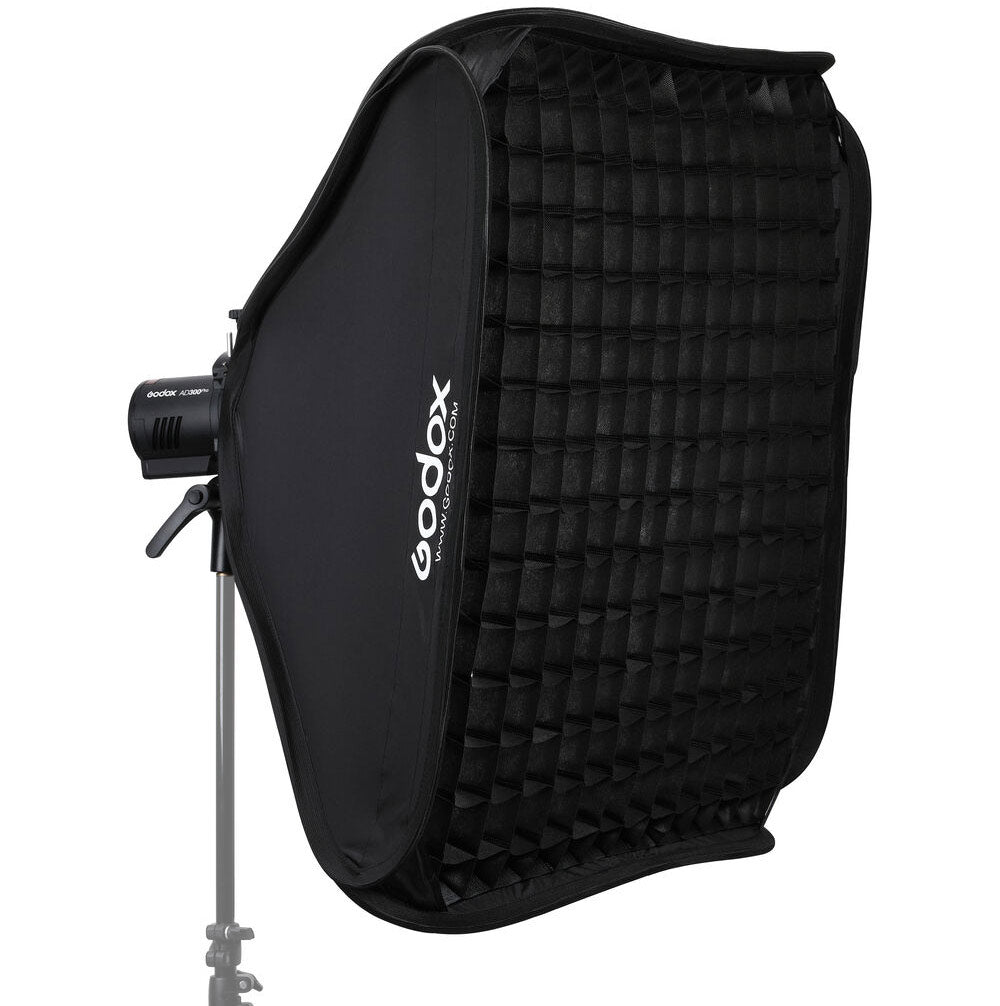 Godox S2 speedlight bracket kit with 80×80 cm softbox and grid—collapsible square softbox with Bowens-style mount