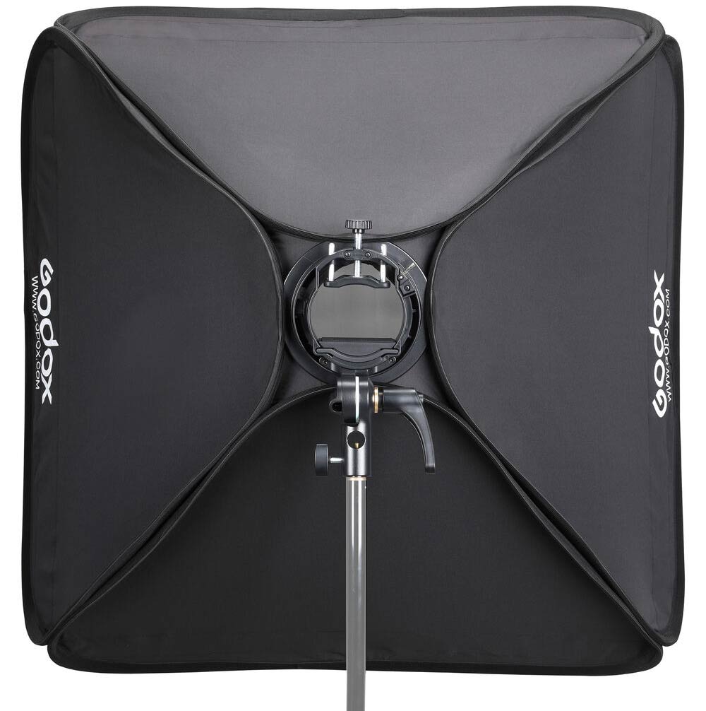 Godox S2 speedlight bracket kit with 80×80 cm softbox and grid—collapsible square softbox with Bowens-style mount
