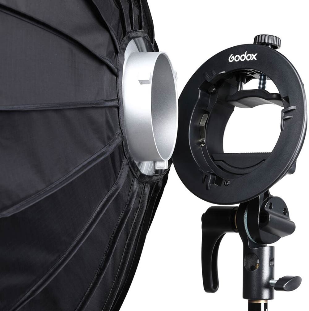 Godox S2 speedlight bracket kit with 80×80 cm softbox and grid—collapsible square softbox with Bowens-style mount