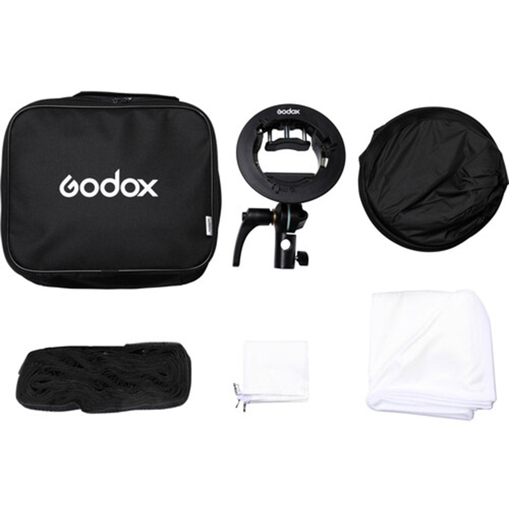 Godox S2 speedlight bracket kit with 80×80 cm softbox and grid—collapsible square softbox with Bowens-style mount