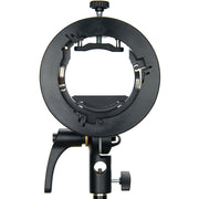 Godox S2 Speedlite Bracket with Bowens mount – circular adjustable bracket for speedlites, tilts up to 180°, includes umbrella shaft slot and 5/8″ stand receiver.