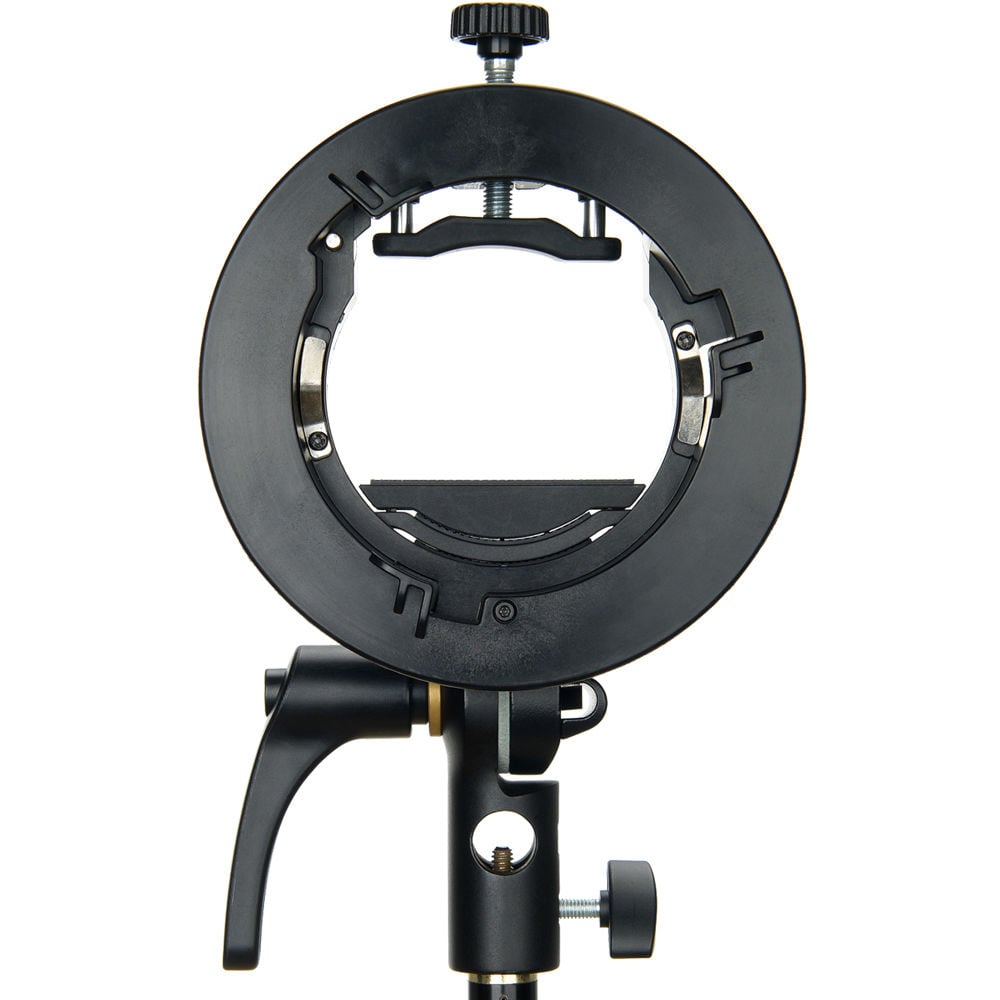 Godox S2 Speedlite Bracket with Bowens mount – circular adjustable bracket for speedlites, tilts up to 180°, includes umbrella shaft slot and 5/8″ stand receiver.
