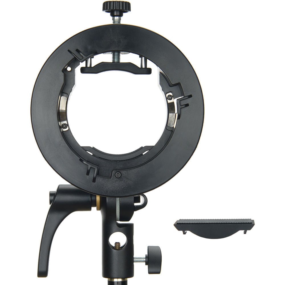 Godox S2 Speedlite Bracket with Bowens mount – circular adjustable bracket for speedlites, tilts up to 180°, includes umbrella shaft slot and 5/8″ stand receiver.