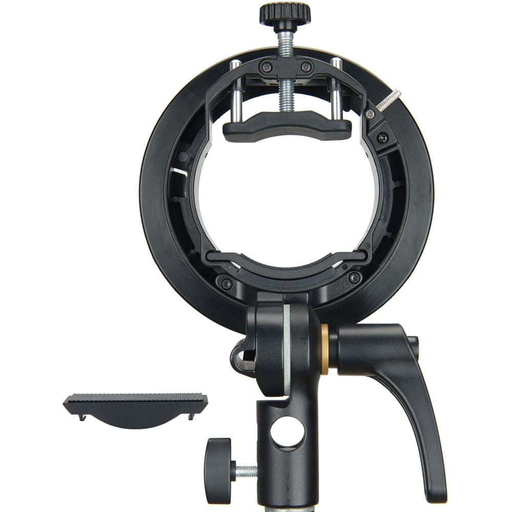 Godox S2 Speedlite Bracket with Bowens mount – circular adjustable bracket for speedlites, tilts up to 180°, includes umbrella shaft slot and 5/8″ stand receiver.