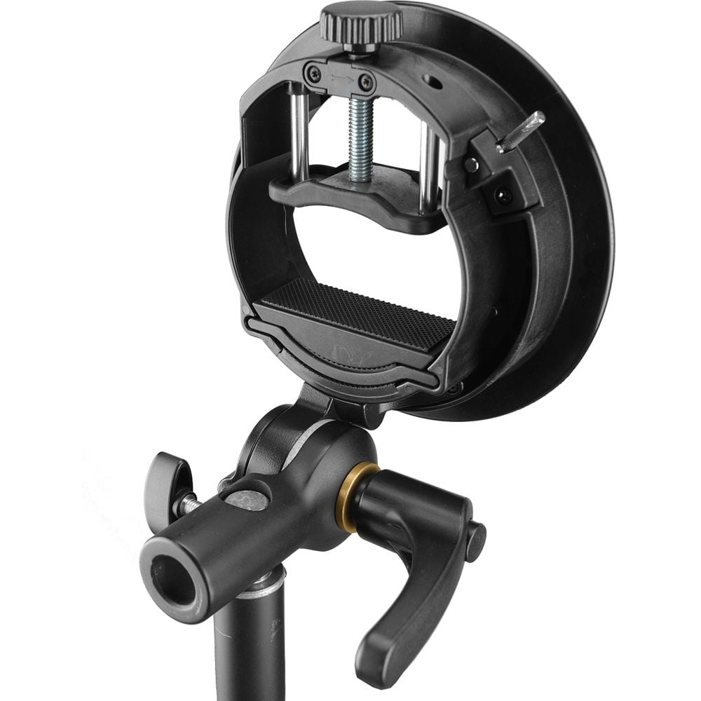 Godox S2 Speedlite Bracket with Bowens mount – circular adjustable bracket for speedlites, tilts up to 180°, includes umbrella shaft slot and 5/8″ stand receiver.