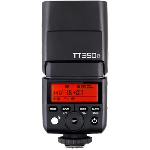Godox TT350C Mini Thinklite TTL Flash for Canon — compact camera-mounted flash with tilt and swivel head.