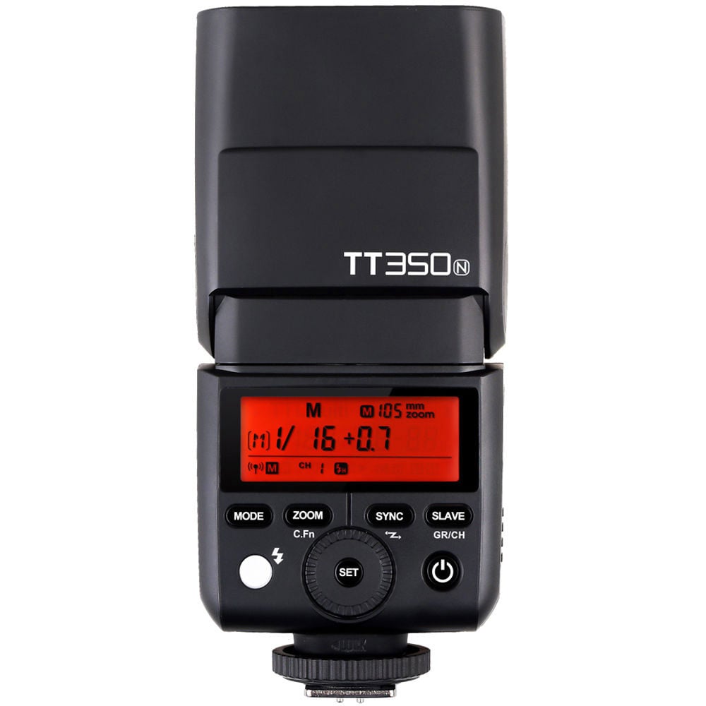 Godox TT350N Mini Thinklite TTL Flash for Nikon, compact lightweight flash with built-in 2.4GHz radio, support for Nikon i-TTL, high-speed sync, 24-105mm zoom, and tilting/rotating flash head.