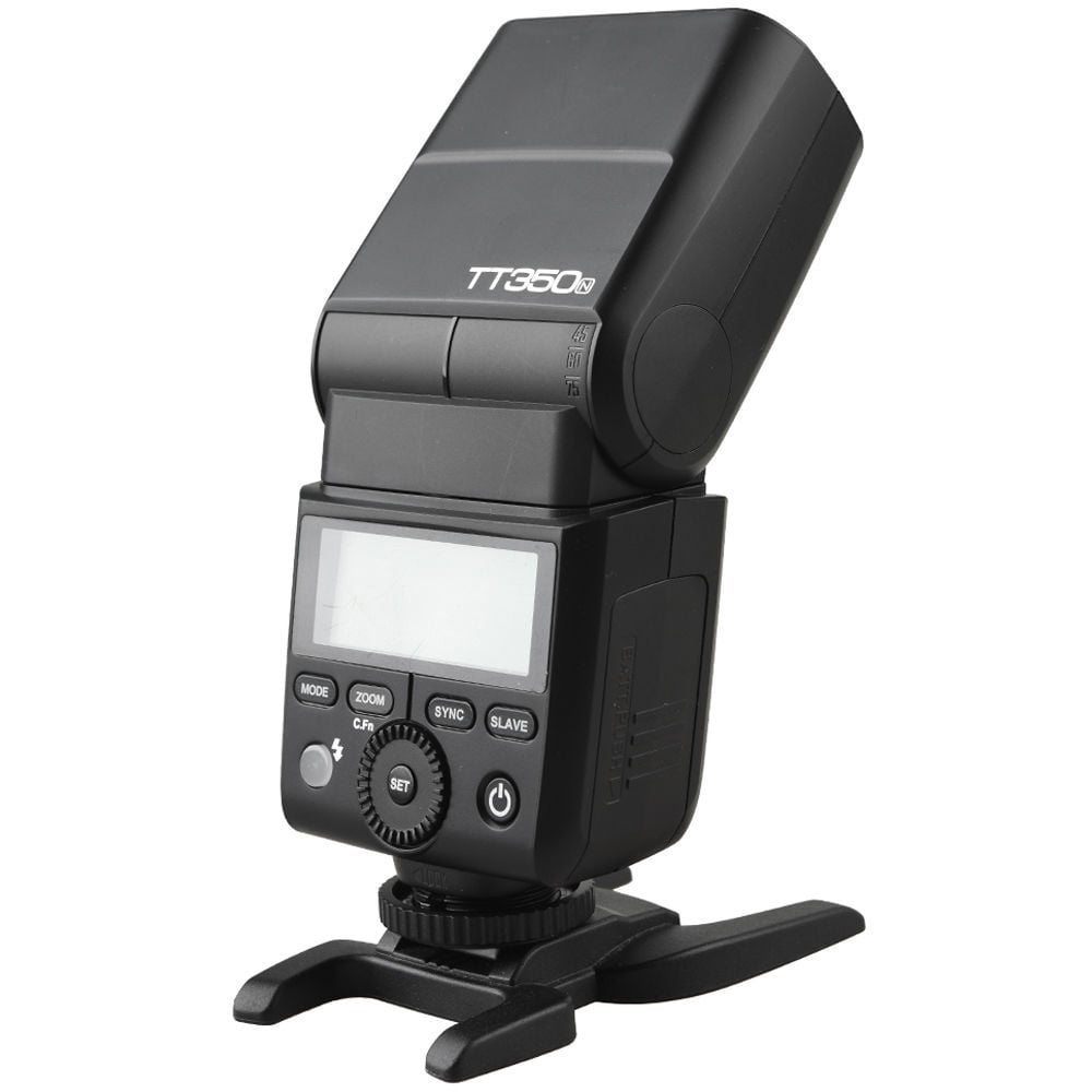 Godox TT350N Mini Thinklite TTL Flash for Nikon, compact lightweight flash with built-in 2.4GHz radio, support for Nikon i-TTL, high-speed sync, 24-105mm zoom, and tilting/rotating flash head.