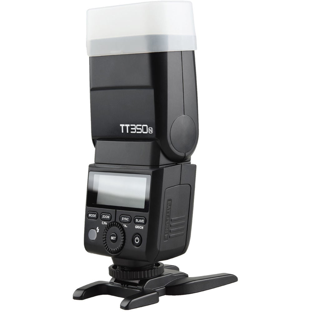 Godox TT350N Mini Thinklite TTL Flash for Nikon, compact lightweight flash with built-in 2.4GHz radio, support for Nikon i-TTL, high-speed sync, 24-105mm zoom, and tilting/rotating flash head.