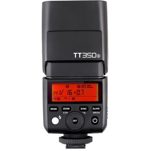 Godox TT350S Mini Thinklite TTL Flash for Sony, compact flash with built-in 2.4GHz radio, support for Sony ADI/P-TTL, high-speed sync, 24-105mm zoom, and tilt/rotate head for versatile lighting.