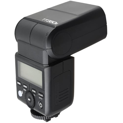 Godox TT350S Mini Thinklite TTL Flash for Sony, compact flash with built-in 2.4GHz radio, support for Sony ADI/P-TTL, high-speed sync, 24-105mm zoom, and tilt/rotate head for versatile lighting.