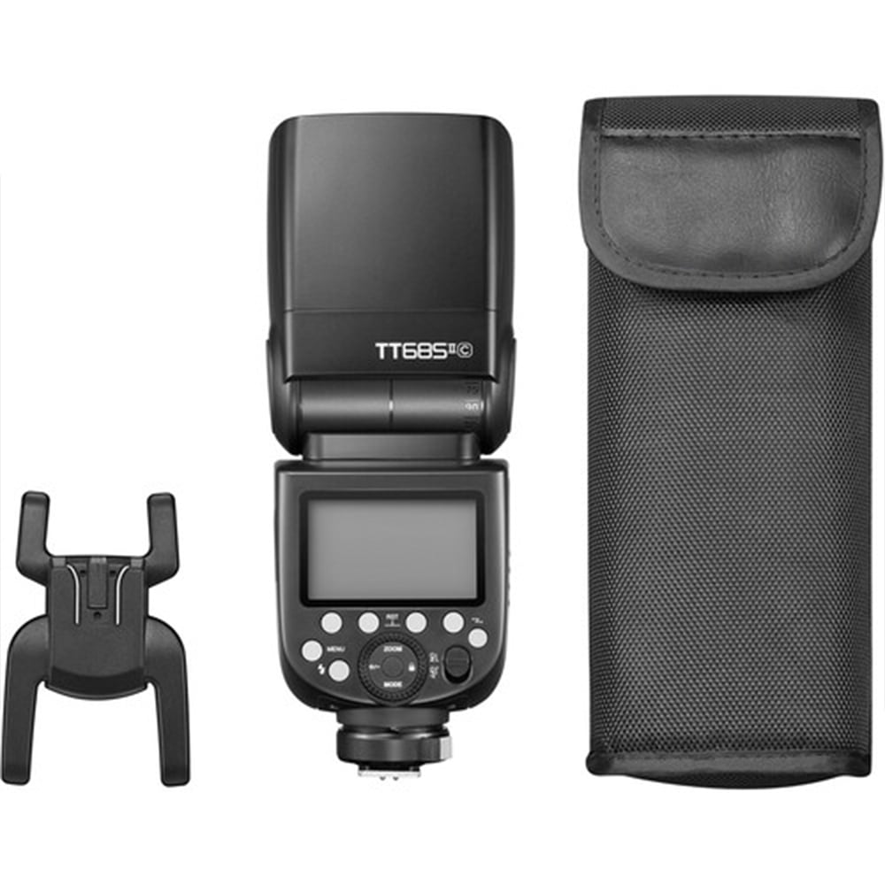 Godox TT685C II Canon flash with tilt/rotate head, TCM manual mode, wireless master/slave, and USB-C for firmware updates.