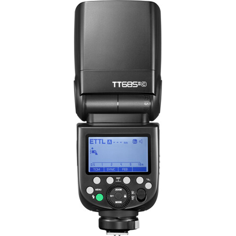 Godox TT685C II Canon flash with tilt/rotate head, TCM manual mode, wireless master/slave, and USB-C for firmware updates.